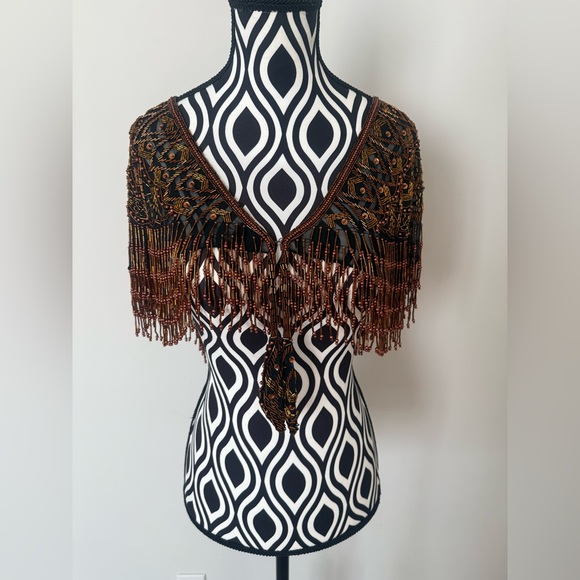 Gorgeous Vintage 70s 80s Sequin & Beaded Art Deco Shawl Capelet Rose Gold Bronze - Picture 13 of 15